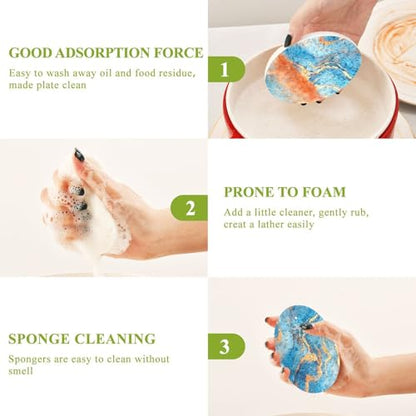 YETTASBIN Marble 3PCS Wood Pulp Scrub Sponges, Reusable Absorbent Household Cleaning Sponge Non-Scratch Kitchen Dish Sponges, Multi-Surface Safe Scrubber for Nonstick Pans, Pots