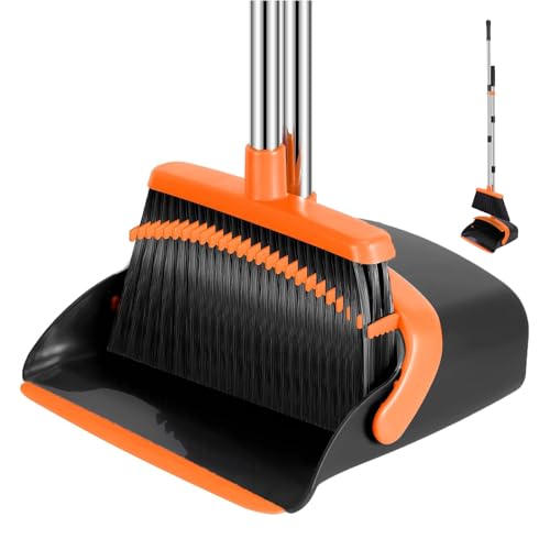 NACENA Broom and Dustpan Set, 52-in Long Adjustable Handle Broom Dustpan Combo with Dustpan Teeth to Automatically Clean Hair Suitable for Home Kitchen Office Hall Floor（Black&Orange） - color: Black-orange, size: 1 Pack