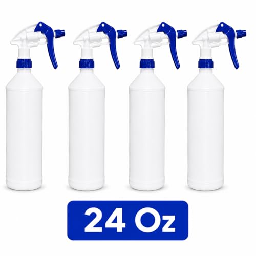 Plastic Spray Bottle, 4 Pack, 24 Oz with Adjustable Nozzle, Heavy Duty Leak Proof Mist Empty Water Bottle Sprayer for Cleaning, Chemicals, Hair, Planting & All-Purpose Use (Blue)