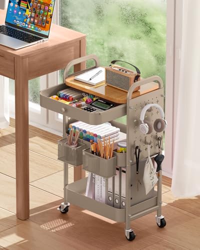 ALVOROG Rolling Cart with Drawer and Wood Table Top, 3 Tier Metal Rolling Utility Cart on Wheels with DIY Pegboards, Hanging Baskets, Hooks for Kitchen, Bedroom, Office, Craft Supplies - color: Khaki