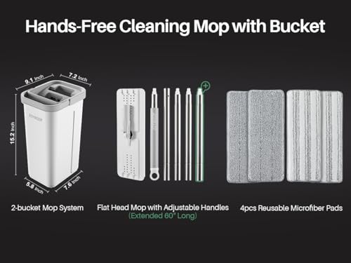 JOYMOOP Flat Mop System, Microfiber Mop and Bucket Set, White, Hands-Free Floor Cleaning System with Wringer, Wet and Dry Use, 60" Handle, Includes 4 Reusable Pads - size: Middle Bucket #13 + 60" Flat Mop + 4 Pads