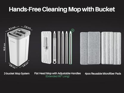 JOYMOOP Flat Mop System, Microfiber Mop and Bucket Set, White, Hands-Free Floor Cleaning System with Wringer, Wet and Dry Use, 60" Handle, Includes 4 Reusable Pads - size: Middle Bucket #13 + 60" Flat Mop + 4 Pads