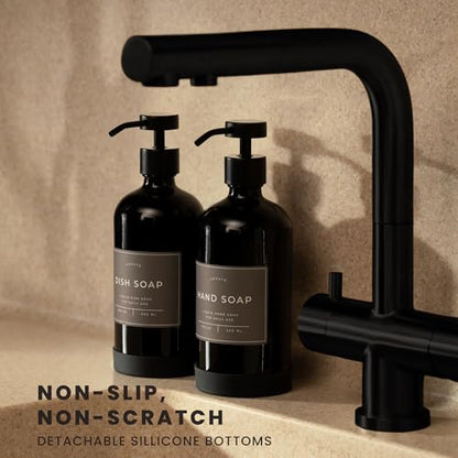 Hand and Dish Soap Dispenser for Kitchen and Bathroom, Set of 2 16 Oz Glass Bottles, Stainless Steel Pumps, Non-Slip Silicone Base, 27 Waterproof Labels (Gloss Black Bottle/Black Pump) - color: Gloss Black Bottle / Black Pump