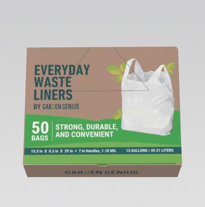 Biodegradable 13 Gallon White Kitchen Trash Bags with Ergonomic Handles (50 Pack) - Extra Strong, Leak-Proof & Thick 1.18 Mil - 15% Thicker Than Most - Fits Standard 13 Gal Cans - Eco-Friendly D2W - style: 13 Gallon with Handles