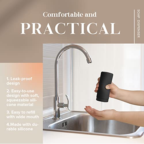 ElmRidge Dish Soap Silicone Dispenser for Kitchen Sink,Squeeze Washing Up Liquid and Hand Soap,Round refillable Silicone Bottles,Easy to Fill and to use, 8.5 oz,Black 2.4 x 2.4 x 5.5 inches (Black) - color: Black