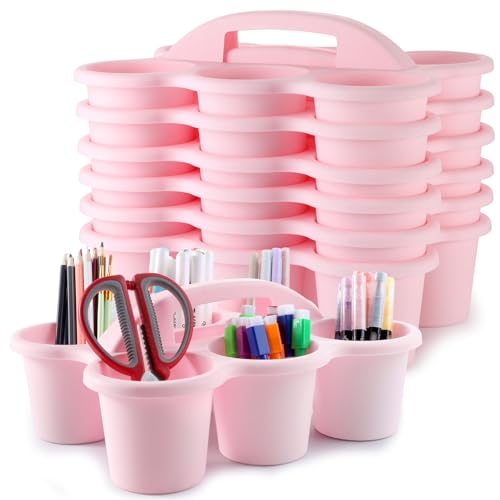 6 Pack Classroom Caddy with Handle Plastic Storage Caddy Organizer with 6 Compartments Drink Cup Caddies Holder Portable Storage Bin for Pencil, Crayon, Marker, Home, Office, School Supplies(Pink) - color: Pink