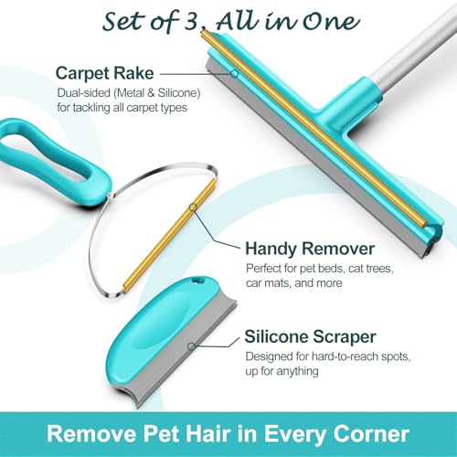 Carpet Rake for Pet Hair Removal (3 Pack), Dog Cat Fur Remover Rubber Broom, Lint Shaver Cleaner Tools Pro, Long Handle Carpet Scraper Brush for Carpet, Rug, Car Mat, Couch, Pet Bed, Furniture