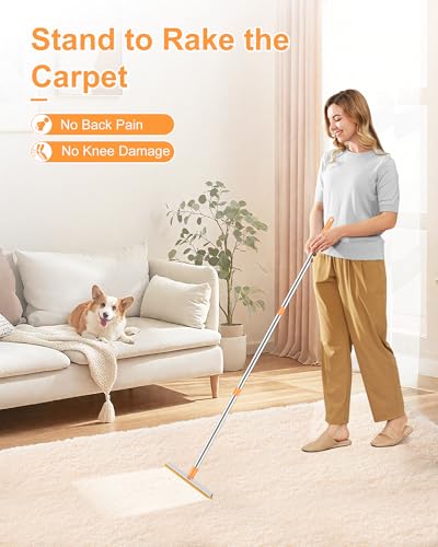 3 in 1 Carpet Rake for Pet Hair Removal Tool, 51” Adjustable Long Handle Pet Hair Removal Broom, Pet Grooming Brush, Cat Dog Hair Remover Carpet Scraper for Rugs, Mats - color: Orange-Silver