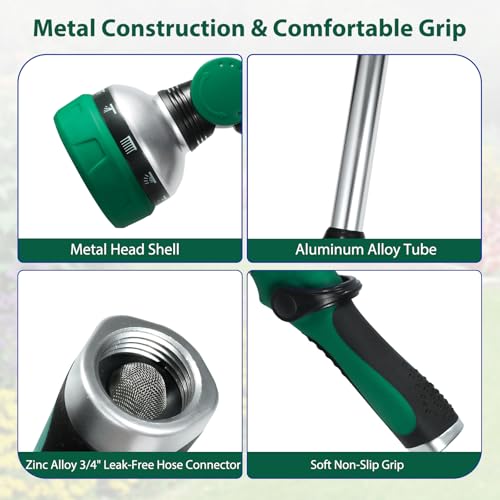 Telescoping Watering Wand for Garden Hose, 36”-54” Adjustable, 10 Spray Patterns, Heavy-Duty Hose Nozzle with Thumb Control & Pivoting Head, Ideal for Hanging Baskets and Shrubs, Green - color: Green