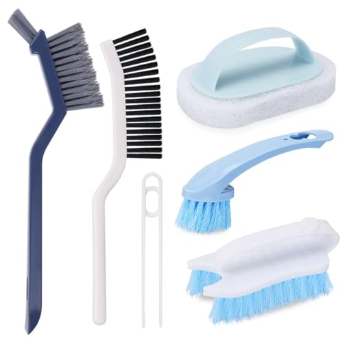 Cleaning Brush Set, Multifunctional Hard Bristle Grout Crevice Scrub Brush Tools for Household Bathroom Kitchen Tile Lines Floor Tub Sink Window Corners - color: Blue and White
