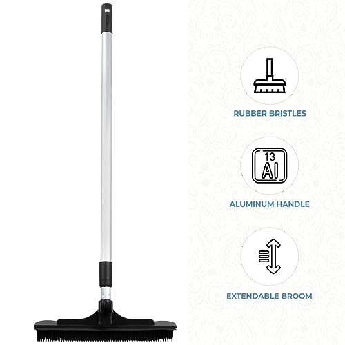 ForPro Extendable Salon Broom, Non-Scratch Rubber Bristles, Aluminum Handle Adjustable to 51.5”, Ideal for Pet Hair, Lint, Dust, Dirt, Black