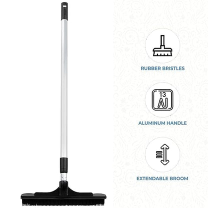 ForPro Extendable Salon Broom, Non-Scratch Rubber Bristles, Aluminum Handle Adjustable to 51.5”, Ideal for Pet Hair, Lint, Dust, Dirt, Black