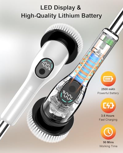 Electric Spin Scrubber, 2024 Upgrade Cordless Shower Scrubber with 8 Replaceable Brush Heads and 3 Adjustable Speeds, LED Display and Extension Handle,Power Cleaning Brush for Bathroom Tub Grout Floor