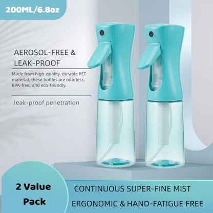2 Pack Continuous Spray Bottle for Hair, Ultra Fine Mist Water Sprayer, Empty Aerosol-Free Styling Mister for Curly Hair, Gardening, Plants, Cleaning & Skincare (6.8oz/200ml - Teal)
