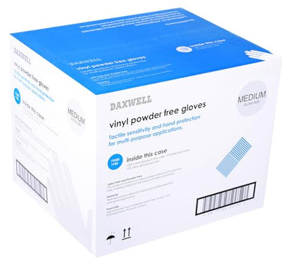 Daxwell Vinyl Gloves, Powder Free, Medium, Clear, F10001748 (Case of 1,000, 10 Boxes of 100) - size: Medium
