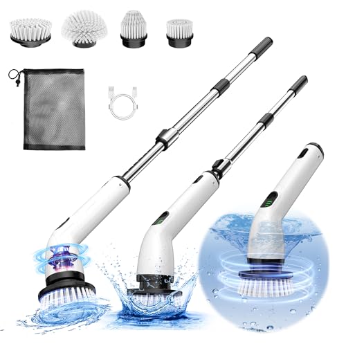 TUYU Electric Spin Scrubber, Full-Body IPX7 Waterproof Bathroom Scrubber,4 Replacement Head for Adjustable Extension Handle Electric Cleaning Brush for Bathroom, Tub, Tile