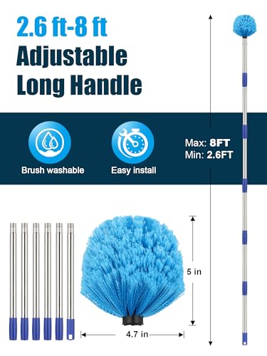 Cobweb Duster with Extension Pole, 8 ft Spider Web Brush for Outdoor House Cleaning, Cob Web Remover for High Ceilings Fans, Medium-Stiff Bristles Round Head, Steel Long Handle, Lightweight Cleaner - size: 8 FT