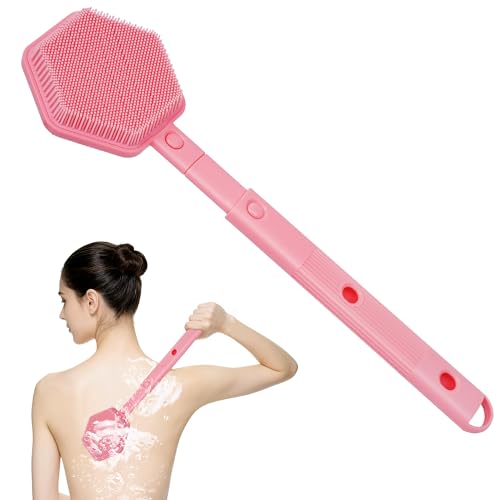 Silicone Back Scrubber for Shower with 21" Extendable Handle-Dual-Sided Long Handle Bath Brush for Exfoliating & Massage–Non-Slip Grip, Gentle&Deep Cleansing Body Brush for Men, Women, Seniors (Pink) - color: Pink