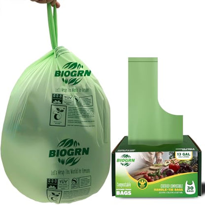10-13 Gallon Compostable Trash Bags with Handles Tie 30 Bags Biodegradable Garbage Bags Food Scrap Green Waste Bags Thick 0.87 Mil 49.21 Liter ASTM D6400, US BPI and OK Compost Home Certified - color: 13 Gal, Handles Bags, 30 Count