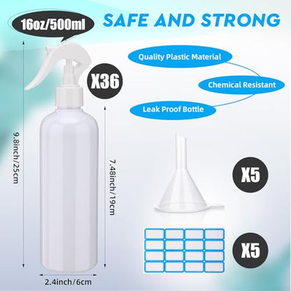 Lallisa 36 Pcs 16 oz Plastic Spray Bottles Leak Proof Empty Bottles for Cleaning Solutions Water Sprayer Bottle with Nozzle Mist, Labels and Handle Funnel for Auto Details, Planting, Kitchen(White) - color: White