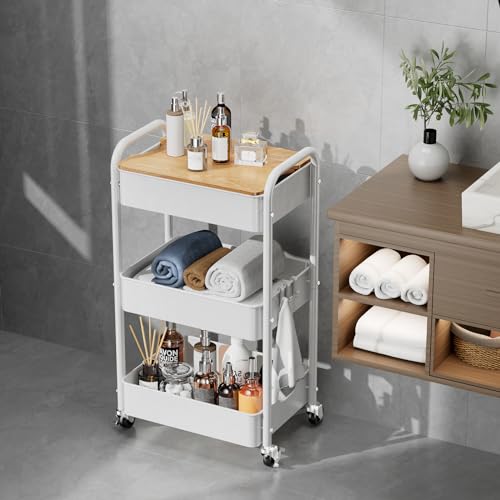 3 Tier Rolling Cart with Table top, Metal Rolling Utility Cart on Wheels, Sturdy Storage Organizer Cart with Hooks for Office, Classroom, Kitchen and Bathroom (White) - color: White