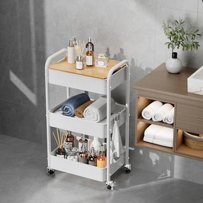 3 Tier Rolling Cart with Table top, Metal Rolling Utility Cart on Wheels, Sturdy Storage Organizer Cart with Hooks for Office, Classroom, Kitchen and Bathroom (White) - color: White