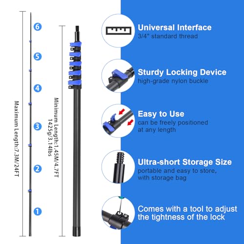 DOBEN 24-Foot Carbon Fiber Window Cleaner Tool with Telescopic Extension Pole, Rotating Scrubber & Squeegee - Sturdy Lightweight Design for Indoor/Outdoor Glass Cleaning - size: 24FT