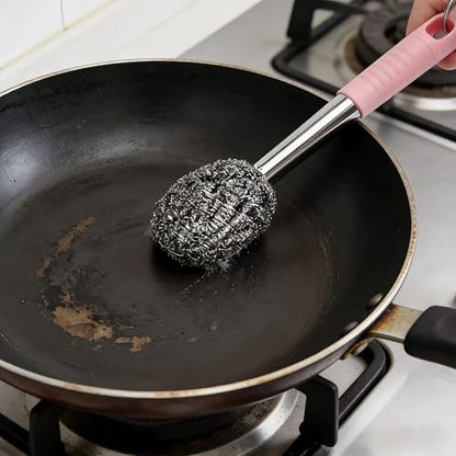 2PCS Steel Wool Scrubber with Handle Rustproof, Cast Iron Scrubber, Stubborn Messes Pot Brush, Remove Dirt for Cleaning Stoves,Sinks Dishes Grills Bowls & Metal Wire Sponge for Kitchens - color: Pink