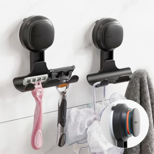 TAILI 2 Pack Suction Cup Razor Holder for Shower, Upgraded Visible Safety Indicator, No-Drill Glass Shower Wall Hook for Towel, Loofah, Razor, Squeegee, Easy to Use, Rust-Resistant Bathroom Organizer - color: Black