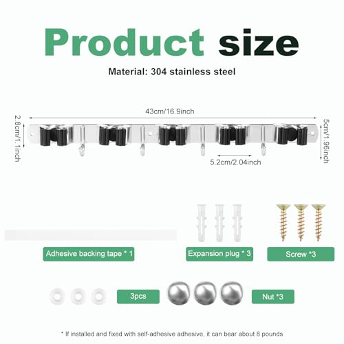 2 Pack Broom Holder Wall Mount 5 Racks 4 Hooks Stainless Steel Broom Mop Holder Anti Slip Storage Rack Strong Load Bearing Waterproof Broom and Mop Organizer Wall Hanging for Bathroom Kitchen Garage