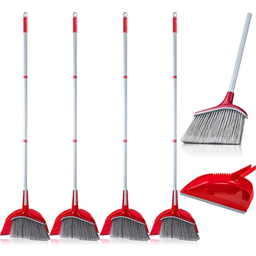 Meanplan 4 Pcs Angle Broom and Dustpan Combo Set for School Classroom 54'' Outdoor Indoor Cleaning Broom Commercial Broom with Step-on Dustpan for Home Kitchen Office Floor Dirt Dust Hair Cleaning