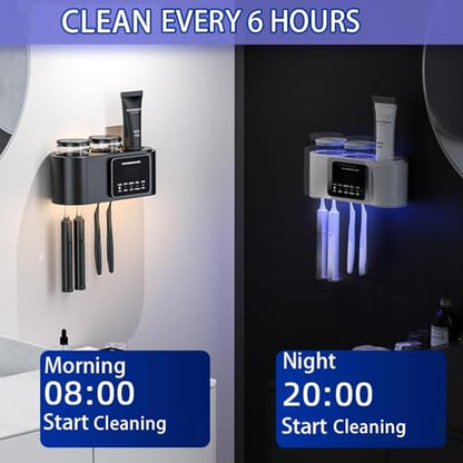 Smart Toothbrush Holders for Bathrooms,Electric Toothbrush Holders with Solar Charging,Toothbrush Holder Wall Mounted with 2 Cups and 4 Brush Slots (White)