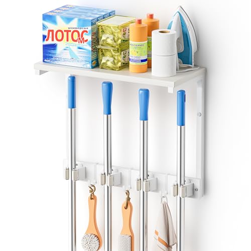 Olakee Broom Holder Wall Mount with Cleaning Supplies Organizer, Laundry Room Organization and Storage Shelves, Mop Hanger Rack with Hooks, Utility Shelf Closet Organizer for Garage Home Improvement - size: Small