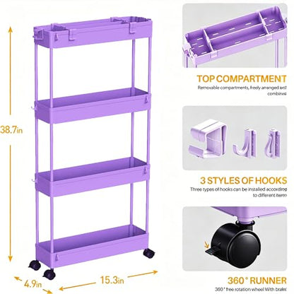 SPACELEAD Slim Storage Cart 3 Tier,Bathroom Organizer Rolling Utility,Mobile Shelving Unit Slide Out for Office, Kitchen, Laundry Room & Narrow Places,Purple - color: Purple