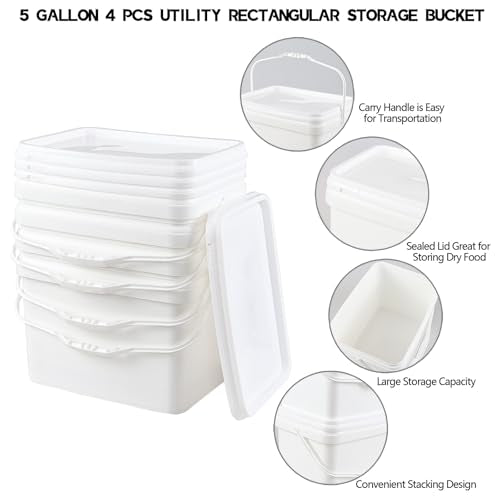 Kekow 4 Pcs 5 Gallon Utility Rectangular Food Bucket with Lid and Handle | Food Grade BPA-Free Plastic, Square Space-Saving Design, Sturdy Transport Handle, for Dry Goods Liquid Storage
