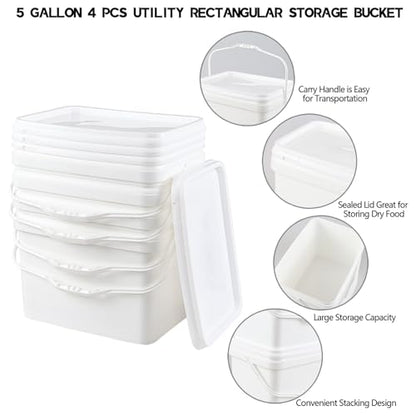 Kekow 4 Pcs 5 Gallon Utility Rectangular Food Bucket with Lid and Handle | Food Grade BPA-Free Plastic, Square Space-Saving Design, Sturdy Transport Handle, for Dry Goods Liquid Storage