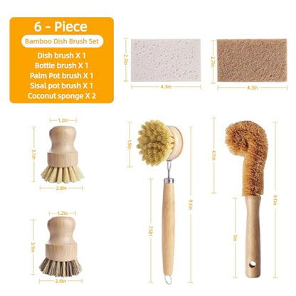 Natural Bamboo Dish Brush Set - 6 PCS Kitchen Cleaning Brush Kit with 4 Utensil Brushes and 2 Coconut Fiber Dish Sponges, for Cleaning Pots, Pans, Dishes, Bottles, Vegetables, and Fruits