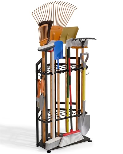 Faesun Garden Tool Organizer for Corner,3-Tier Metal Yard Tool Rack, Holds 50+ Rakes/Shovels/Brooms,Heavy Duty Lawn Tool Storage for Garage Shed Outdoor Organization - size: Stand-Corner