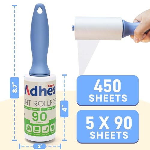 ADHES Lint Roller for Pet Hair – 5 Rolls + 2 Handles, 4 Inch x 90 Sheets, Extra Sticky Disposable Lint Rollers for Clothes, Furniture & Car Hair Removal – Portable Pet Hair Remover