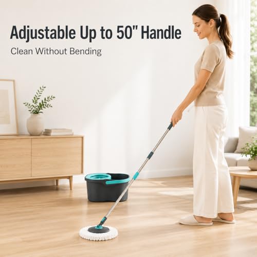 Lambert Home Mop and Bucket Set - Spin Mop with Wringer, Hands-Free Self-Wringing Microfiber Floor Mop, 2 Washable Mop Heads, 42-50 inch Stainless Steel Handle, for Hardwood Tile Laminate, Gray-Blue