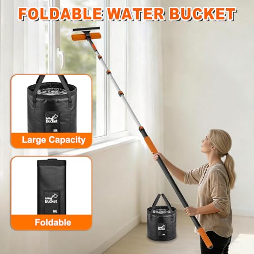 SISUPASSIE 20FT Reach High Ceiling Duster Kit, Window Cleaning kit with 3-12FT Extension Pole, Fan Duster for Ceiling Fan Blades, Microfiber Feather Duster, Window Squeegee, Bucket and Cobweb Duster - size: 12FT