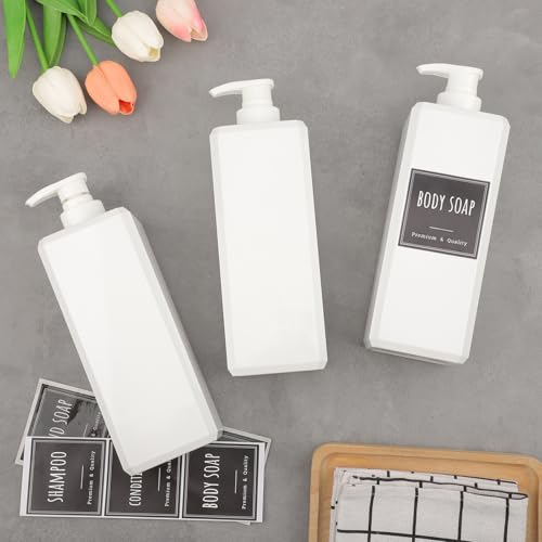Segbeauty 33.8oz Square Plastic Soap Dispenser Refillable, 3pcs Large Empty Soap Dispenser Bathroom Kitchen, White 1000ml Shampoo Pump Bottle Set, Lotion Body Wash Hand Wash Bottles with Labels - color: White, style: 3pcs