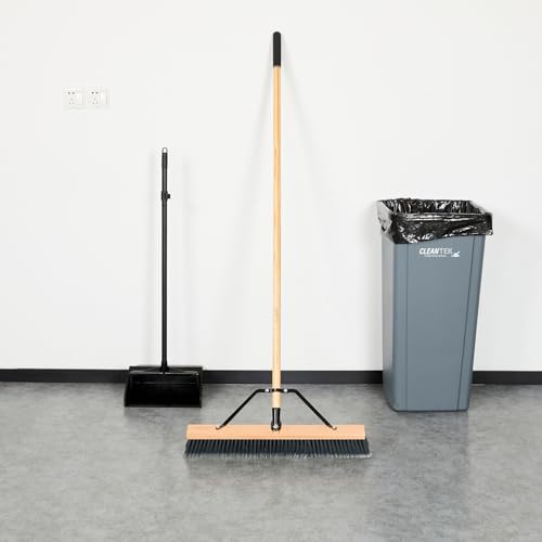 Restaurantware-Clean Tek Professional 24 Inch Push Broom, 1 Heavy-Duty Broom with 60” Handle - Medium Plastic Bristles, Durable, Wooden, Commercial Use, for Deck, Driveway, Garage, Yard, Patio