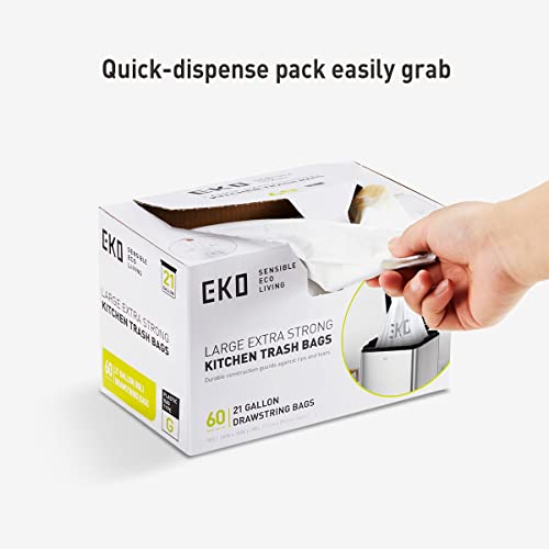 EKO 21 Gallon / 50-90 Liter, 60 Count Drawstring Trash Bags, Extra-Strong Unscented Garbage Bags, Easy-Dispense Roll for Kitchen & Household Use, Code G, White - size: 60 Count (Pack of 1), style: 21 Gallon Bags/Code G