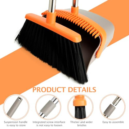 2-Pack Broom and Dustpan Set with Long Handle, Heavy Dust Broom and Dustpan Combo for Home，Kitchen, Office, Pet Hair(Gray Orange) - color: Gray Orange 2-pack