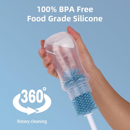 Silicone Bottle Cleaning Brush,Baby Travel Essential Bottle Brush Set, 3 in 1 Silicone Brush, Nipple Brush, Straw Brush - color: Blue