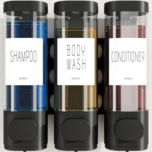 VITVITI Shampoo and Conditioner Dispenser for Shower Wall, Shower Soap Dispenser 3 Chamber No Drill Wall Mounted, 10.2 OZ Plastic Refillable Shower/Body Wash Bottles for Bathroom (Black) - color: Black