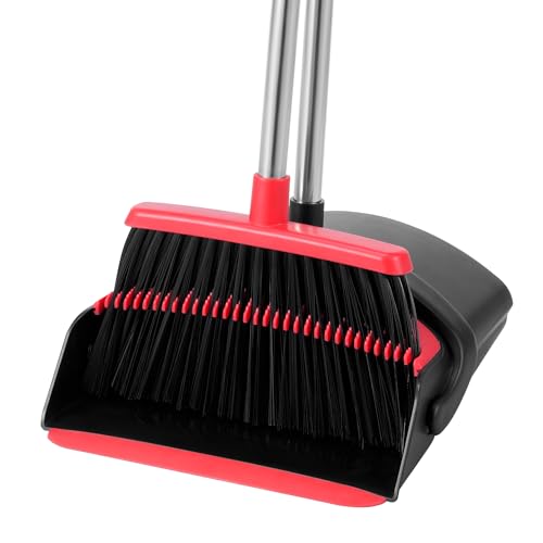 BSKLIN Broom and Dustpan Set for Home, 52" Long Handle Standing Broom Set with Dustpan Self-Cleaning Teeth for Hair Removal Heavy Duty Indoor Outdoor Sweeping Kit for Kitchen Garage (Black and Red) - color: Black and Red