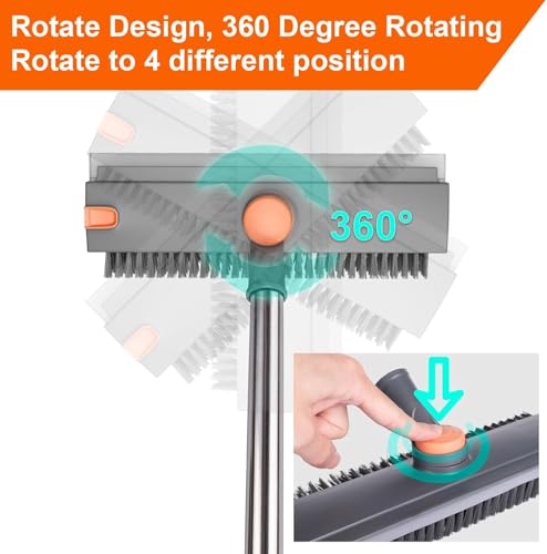 4-in-1 Floor Scrub Brush with Squeegee, Adjustable Long Handle, 360° Rotating Head, Stiff Bristles, Portable Hair Clip, Multi-Purpose