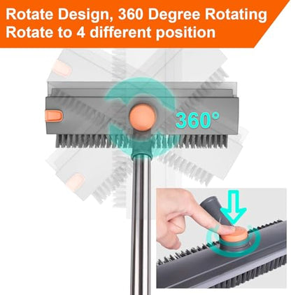 4-in-1 Floor Scrub Brush with Squeegee, Adjustable Long Handle, 360° Rotating Head, Stiff Bristles, Portable Hair Clip, Multi-Purpose